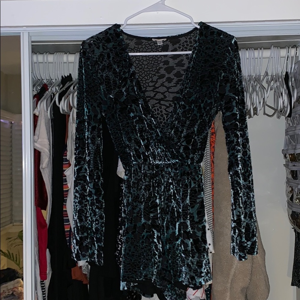 Black and teal velvet long sleeve romper